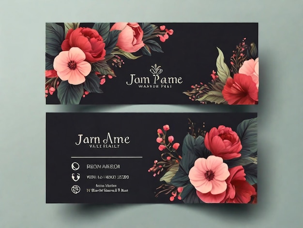 Photo floral business card design vintage anemone flower eucalyptus greenery leaves frame pattern in modern style with golden frame complied with the standard size elegant delicate tender creative layout