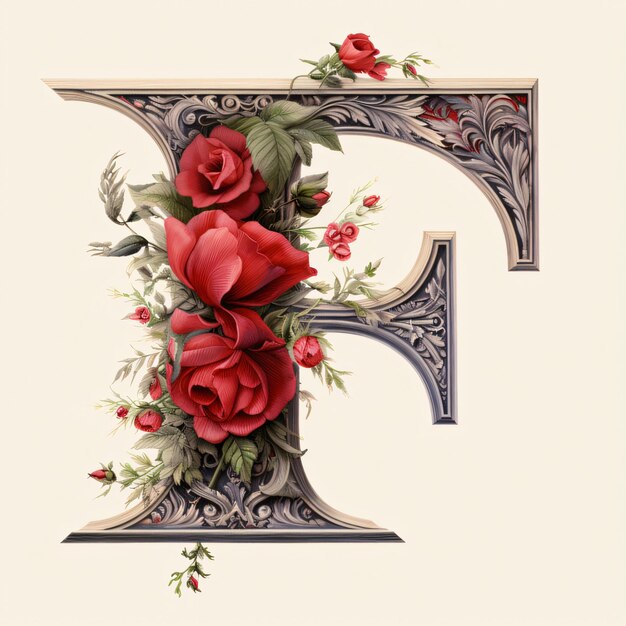 Foto lettera maiuscola florale f con rose rosse e foglie in stile vintage