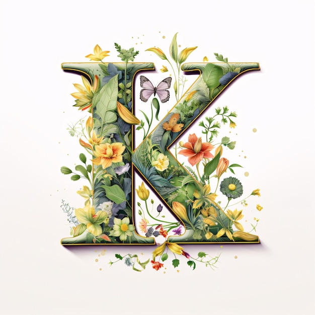 Floral capital letter K hand drawn in watercolor on white background