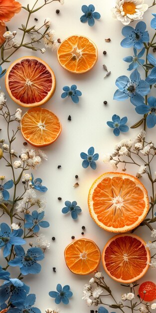 Floral and citrus flatlay in orange and blue