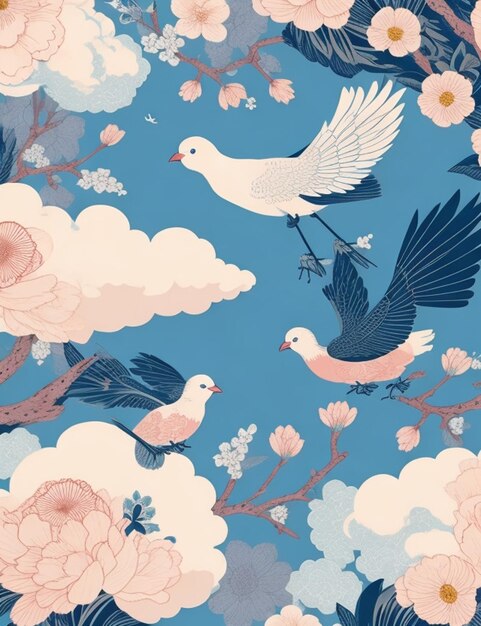 Photo floral and cloud crane birds japan style semaless pattern wallpaper graphic design