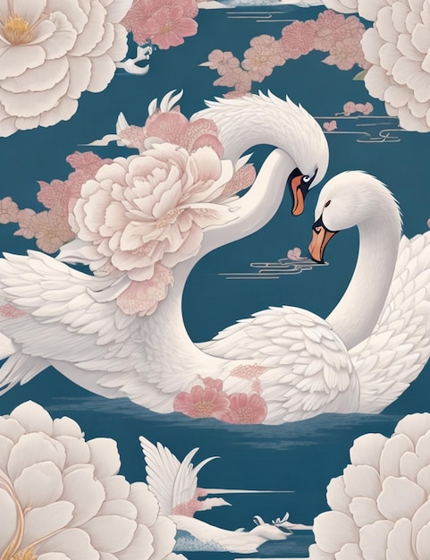 floral and cloud swan japan style semaless pattern wallpaper graphic design