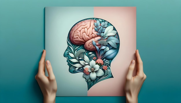 Floral cognitie handen met een tablet met een botanische hersenenillustratie