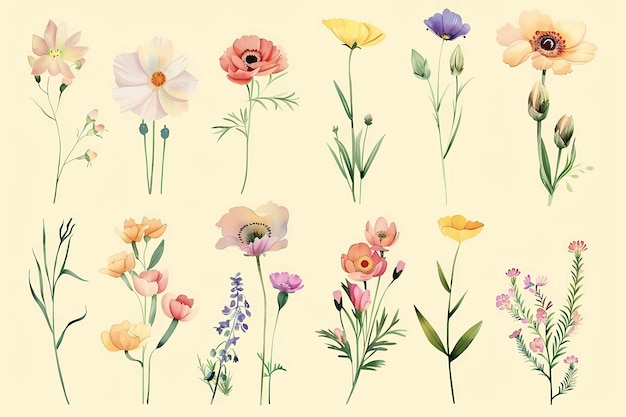 Photo floral collection different watercolor flowers on a light yellow background