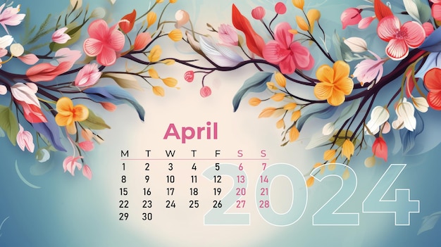 花のカラフルなカレンダーのデスクトップの壁紙、葉、枝、4月