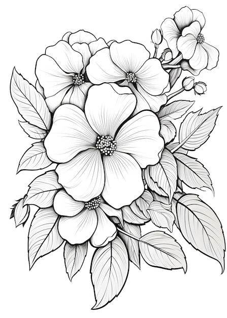 Floral Coloring Page Bunch of flowers with leaves Coloring Page Hand drawn Floral outline coloring page Floral line art for coloring page AI Generative