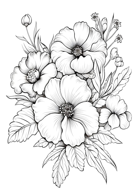 Foto floral coloring page bunch of flowers with leaves coloring page hand drawn floral outline coloring page floral line art for coloring page ai generative