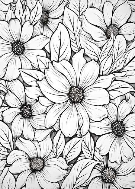 Foto floral coloring page bunch of flowers with leaves coloring page hand drawn floral outline coloring page floral line art for coloring page ai generative