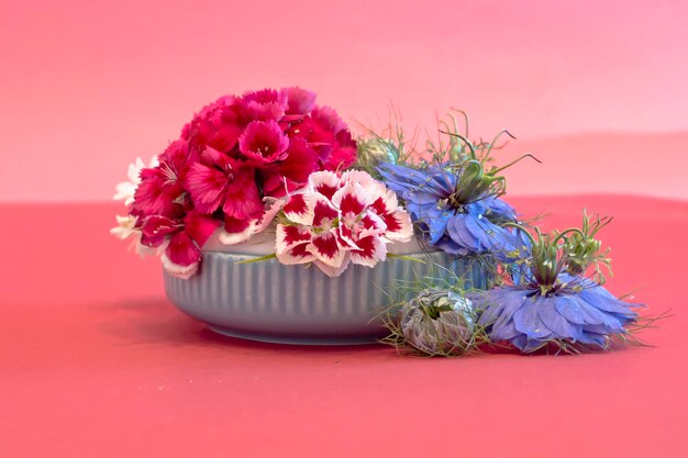 Floral composition in blue ceramic bowl and magenta background