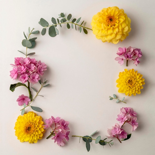 Floral composition frame greeting card mockup Pink and yellow flowers with copy space