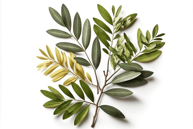 Floral composition of green olive tree leaves and branches isolated on white table background