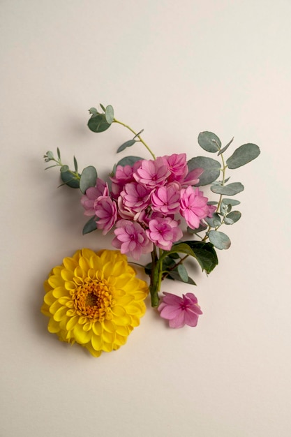 Floral composition greeting card mockup Pink and yellow flowers with copy space Hydrangea dahlias and eucalyptus