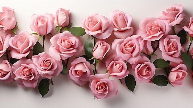 生成 AI で白い背景に横たわる美しいピンクのバラのつぼみで作られた花の組成物