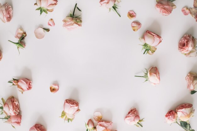 floral composition with roses on white background top view with copy space