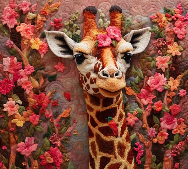Photo floral connection when giraffes meet your gaze in natures embrace