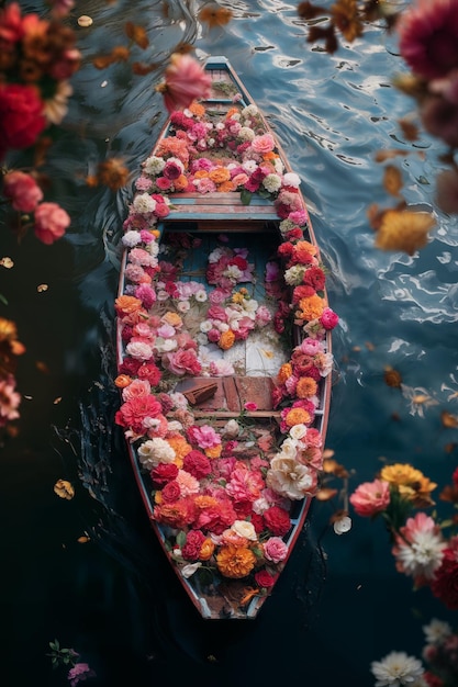 Floral cornucopia on a boat in a tranquil pond