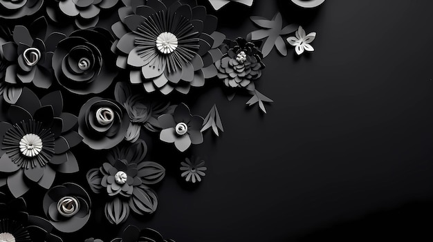 Foto floreale disposto in modo creativo su sfondo di carta nera spazio vuoto per la copia della stanza per il testo