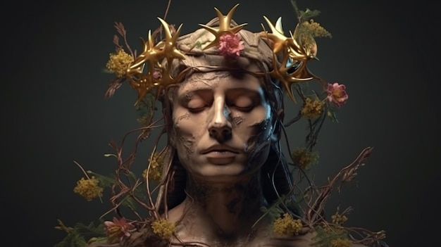 リアルなディテールとアールヌーボースタイルのオクタンでレンダリングされた花の冠をかぶった女神の見事な3D彫刻