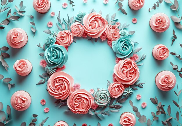 Floral Cupcake and Rose Circle on Turquoise BackgroundxA