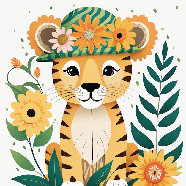 Floral Cute Baby Lion Nursery Illustration