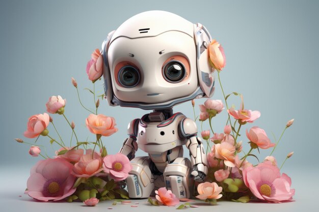 Photo floral cute robot girl with flowers game plant love generate ai