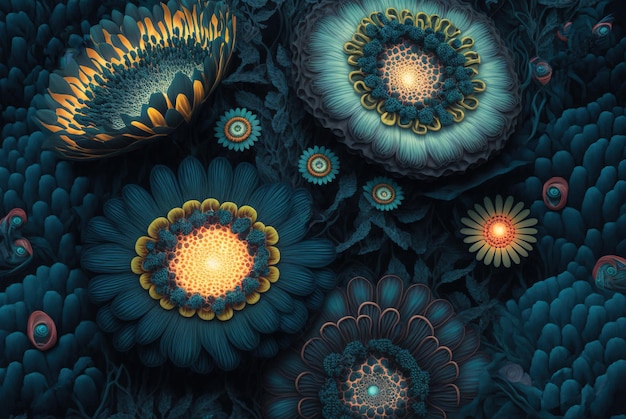 Floral dark background top view of fantasy glowing flowers generative AI