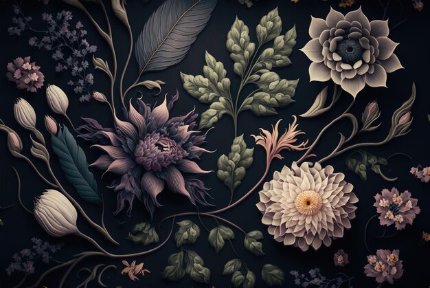 Floral dark background top view of flowers vintage style generative AI