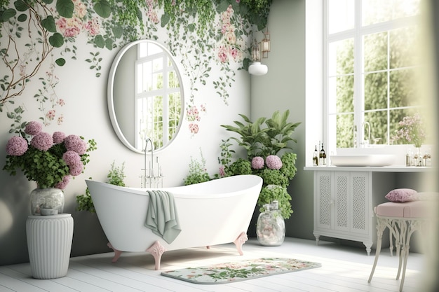 A floral decorated bathroom interior