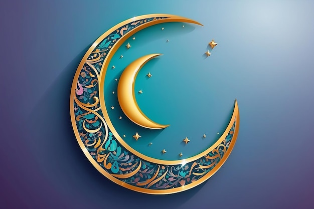 Photo floral decorated shiny crescent moon with arabic islamic calligraphy text eid mubarak on g