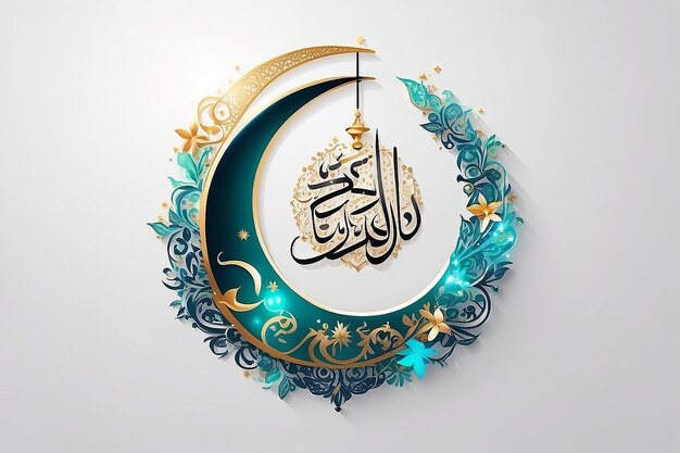 Floral decorated shiny crescent Moon with Arabic Islamic Calligraphy text Eid Mubarak on g