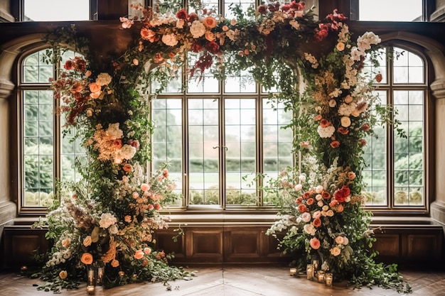 英国の田舎の邸宅のカントリー スタイルの花飾り結婚式の装飾と秋の休日のお祝い秋の花とイベントの装飾