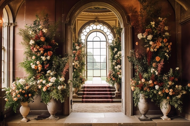 結婚式の花飾り 秋の祝い イギリスの田舎のマンション・エステート・カントリー・スタイルの秋の花とイベントの飾り