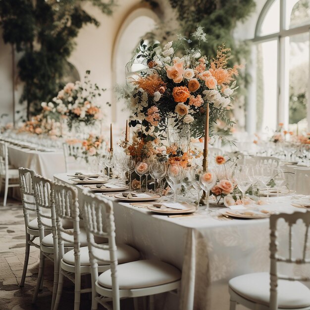 Floral decoration on a wedding table and chairs