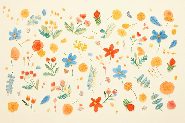 Photo floral decorations scattered on a craft mat