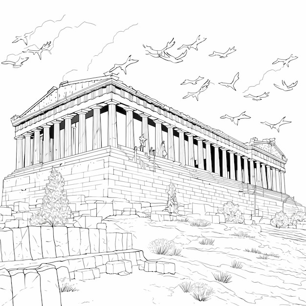 Photo floral delight cartoon coloring page of acropolis in spring