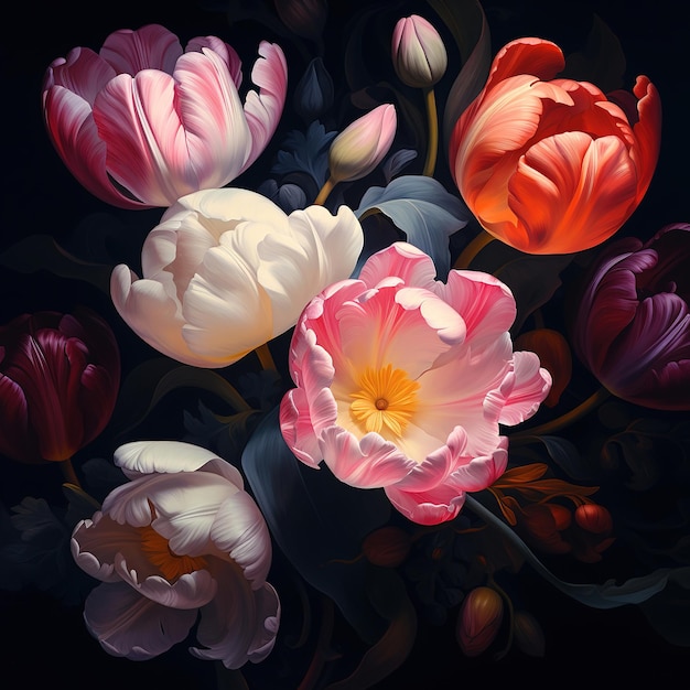 Floral Design Patterns Oil Painting of Tulips Flowers