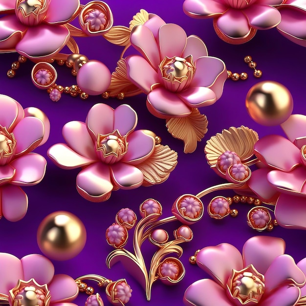 Floral design pink golden jewelry background purple