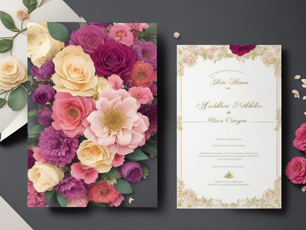 Photo floral design wedding invitation mockup