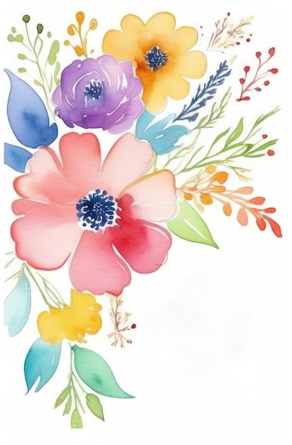 색 배경에 코피 스페이스를 가진 꽃 그림 들꽃의 다채로운 수채화 일러스트레이션