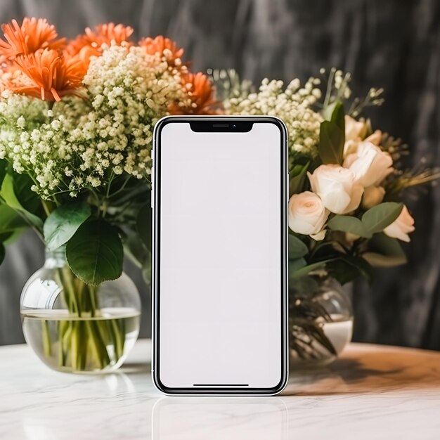 Photo floral elegance iphone mockup with white screen and beautiful flower arrangements