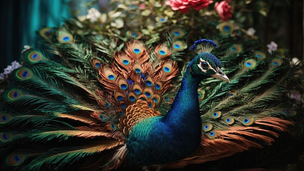 Photo floral elegance a peacock feather's vibrant tapestry