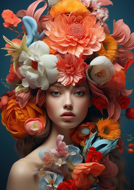Photo floral elegance stunning woman model adorned with a graceful flower in hair generative a