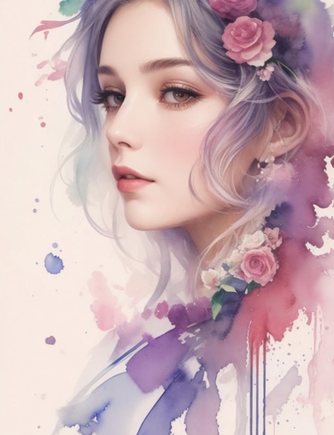 Floral Elegance Watercolor Girl Art