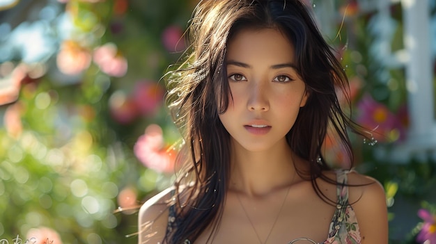 花の優雅さ 庭の風景の若いアジア人女性