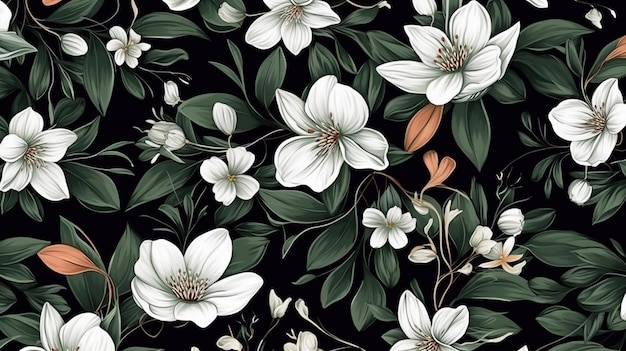 검정색 배경에 섬세한 꽃이 있는 꽃무늬 우아한 패턴 Generative AI