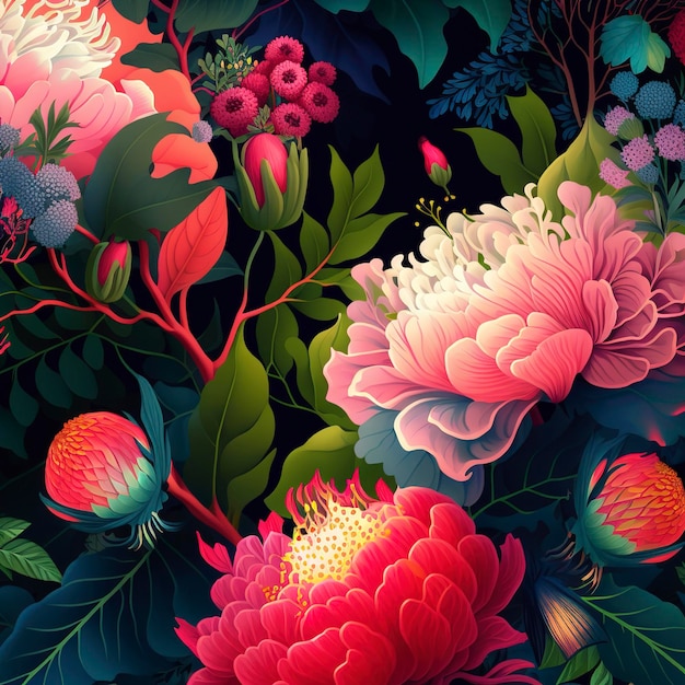 Floral elements blooming floral background spring summer background with tropical flowers Generative AI