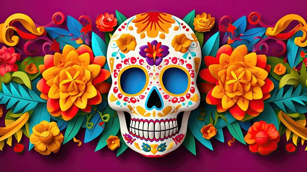 Floral Elements and Day of the Dead Skull Art Generative AI