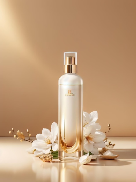 Floral Elixir The Beauty of Skincare Bottles Adorned with Water and Flowers