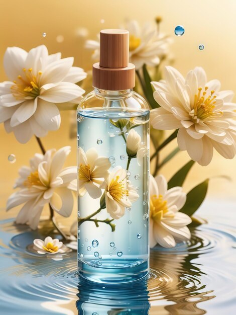 Floral Elixir The Beauty of Skincare Bottles Adorned with Water and Flowers