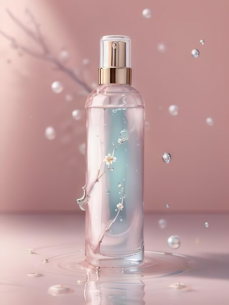 Floral Elixir The Beauty of Skincare Bottles Adorned with Water and Flowers